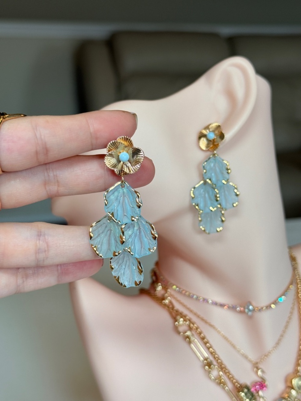 Gold-Tone Blue Leaf Cluster Drop Earrings